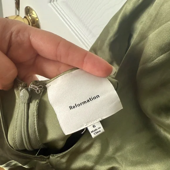 Reformation Casette Silk Dress in Artichoke 6 - Picture 10 of 13